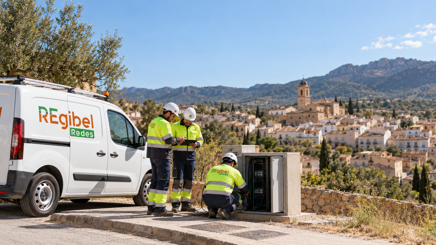 Imagen ilustrativa de técnicos de Regibel Redes trabajando en una instalación de telecomunicaciones en un entorno mediterráneo